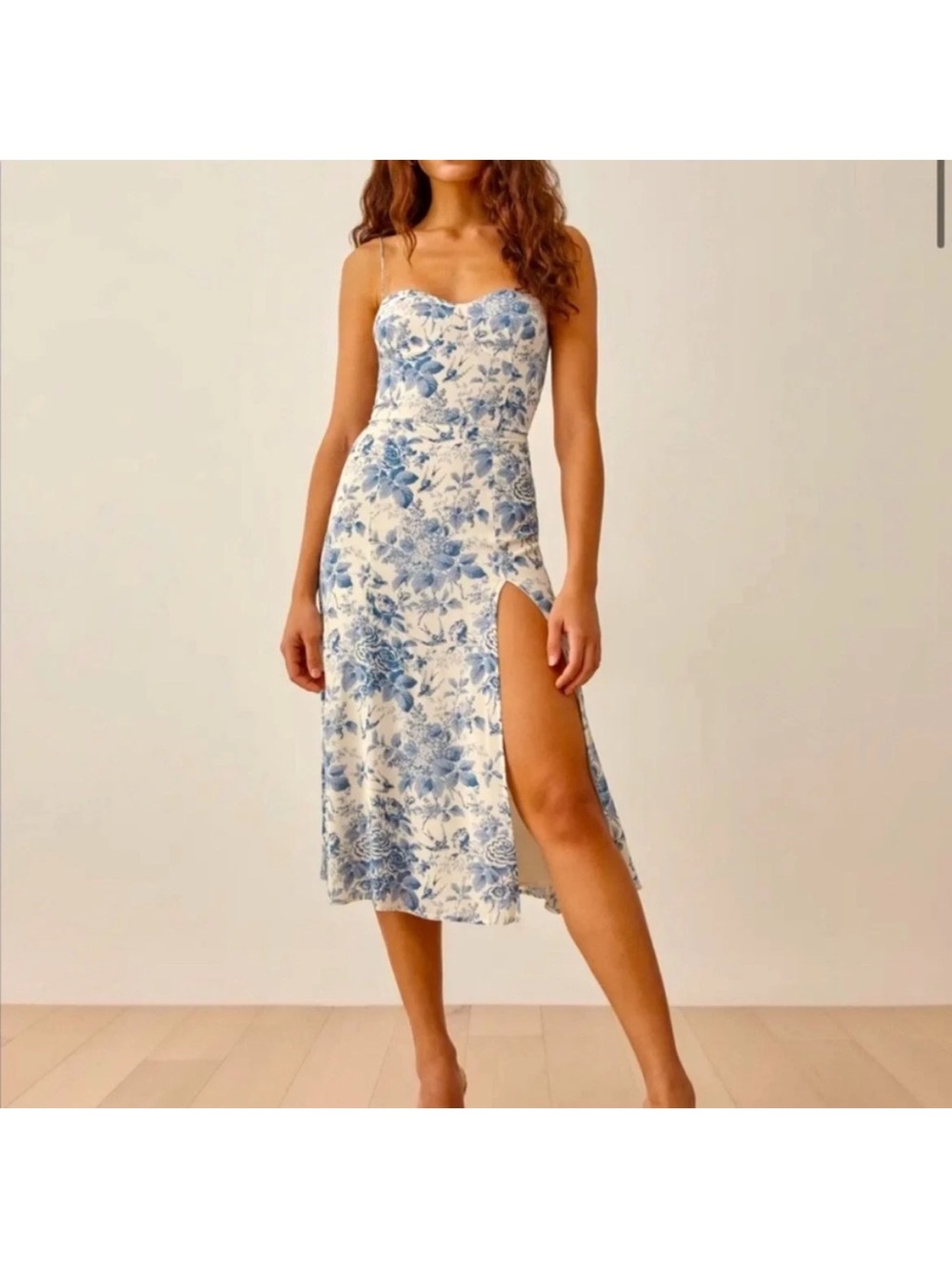 Reformation Blue Floral Satin Slip Midi with High Side Slit
